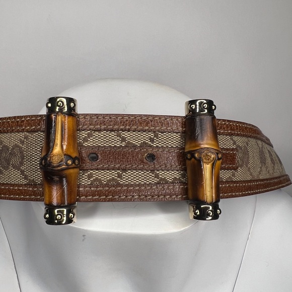 Gucci Bamboo Brown Gold Tan Leather Jackie Fabric GG Monogram Belt - Picture 9 of 10